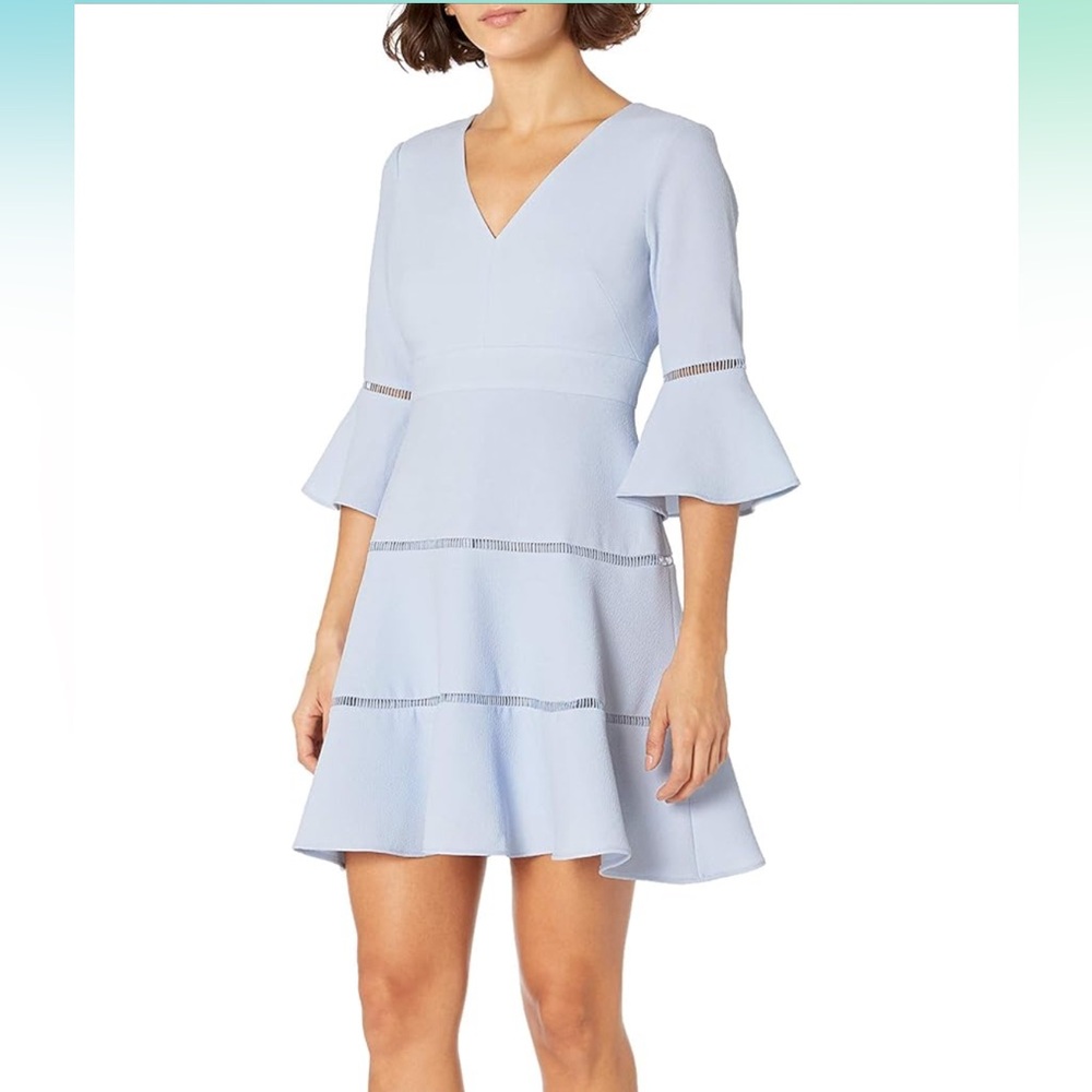 Eliza J 3/4 bell sleeve light blue short A-line v-neck dres